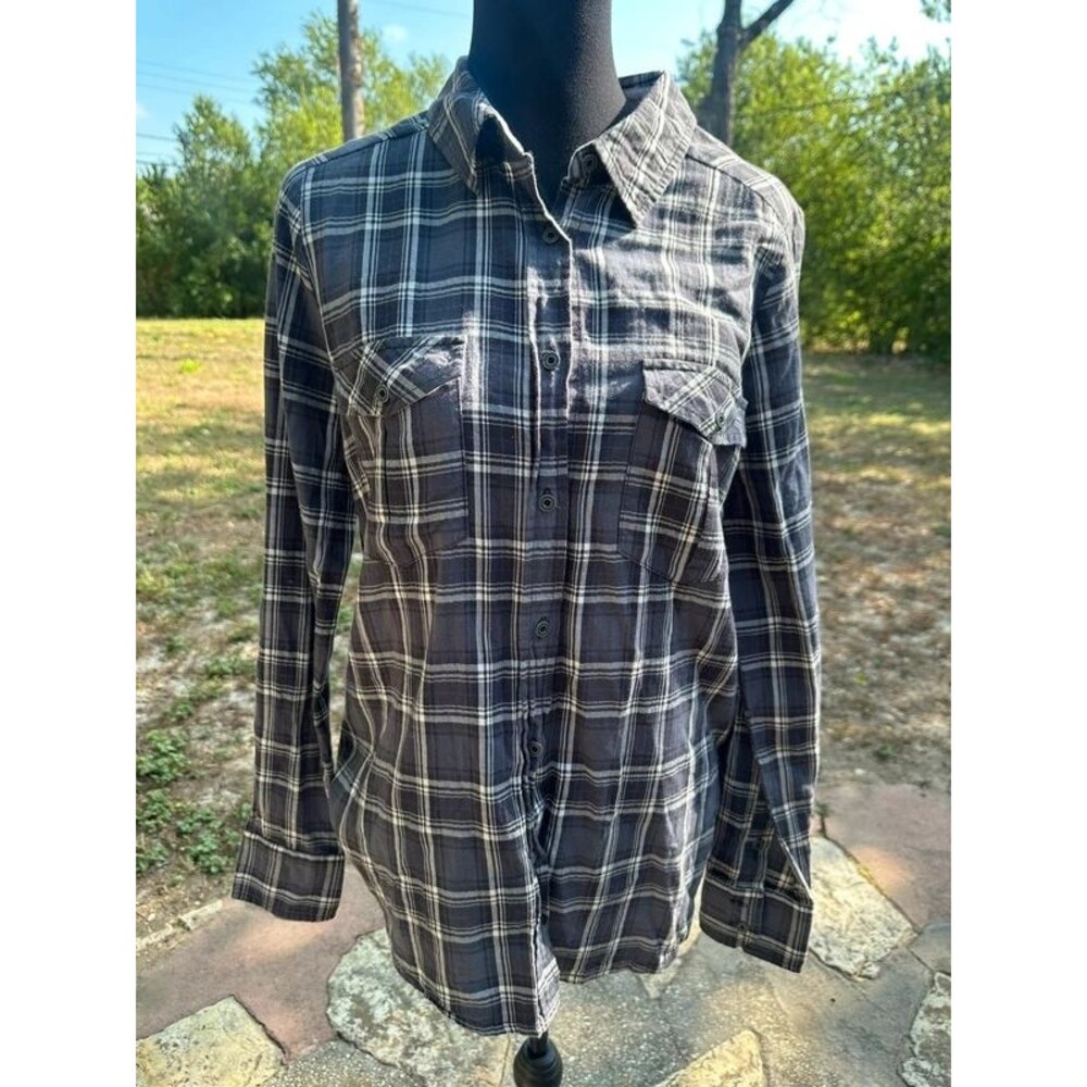 Grey Plaid Roll Tab Long Sleeve Button Up Collar Shirt Womens Medium Long Length